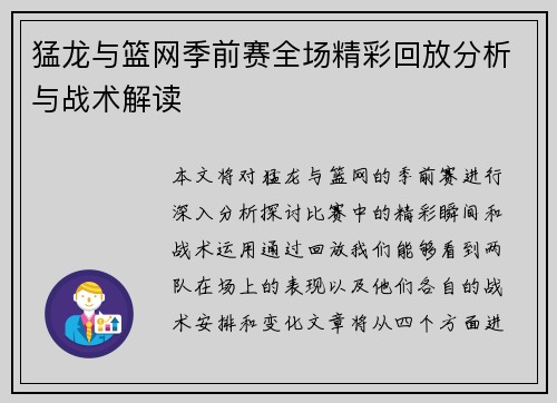 猛龙与篮网季前赛全场精彩回放分析与战术解读