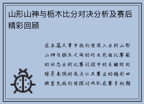 山形山神与枥木比分对决分析及赛后精彩回顾