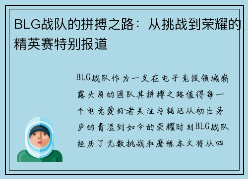 BLG战队的拼搏之路：从挑战到荣耀的精英赛特别报道