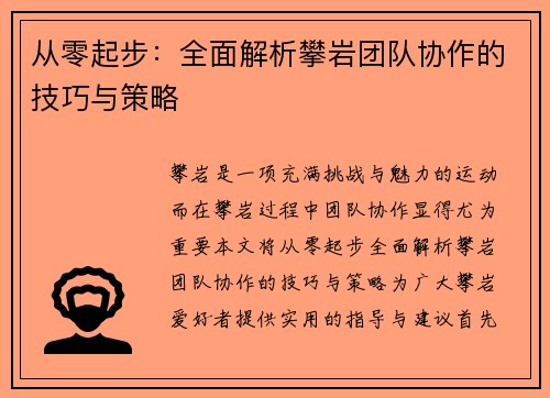 从零起步：全面解析攀岩团队协作的技巧与策略