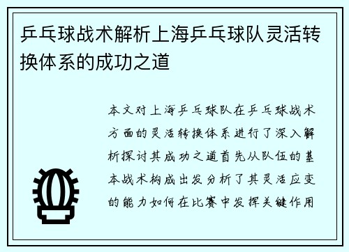 乒乓球战术解析上海乒乓球队灵活转换体系的成功之道