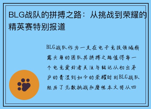 BLG战队的拼搏之路：从挑战到荣耀的精英赛特别报道