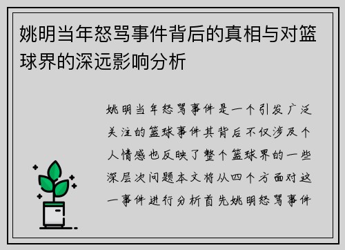 姚明当年怒骂事件背后的真相与对篮球界的深远影响分析
