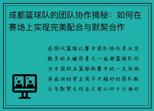 成都篮球队的团队协作揭秘：如何在赛场上实现完美配合与默契合作