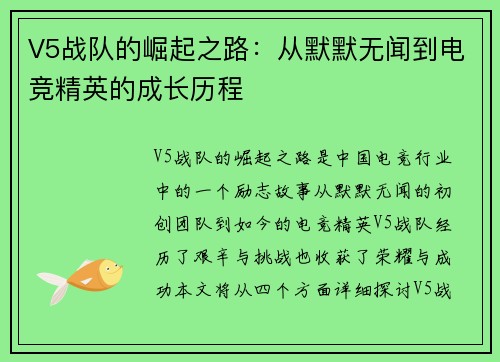V5战队的崛起之路：从默默无闻到电竞精英的成长历程