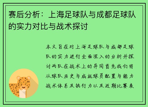 赛后分析：上海足球队与成都足球队的实力对比与战术探讨