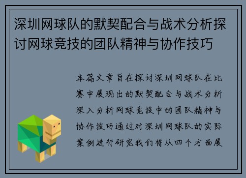 深圳网球队的默契配合与战术分析探讨网球竞技的团队精神与协作技巧