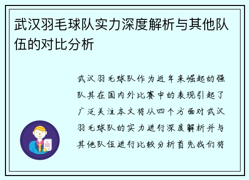 武汉羽毛球队实力深度解析与其他队伍的对比分析